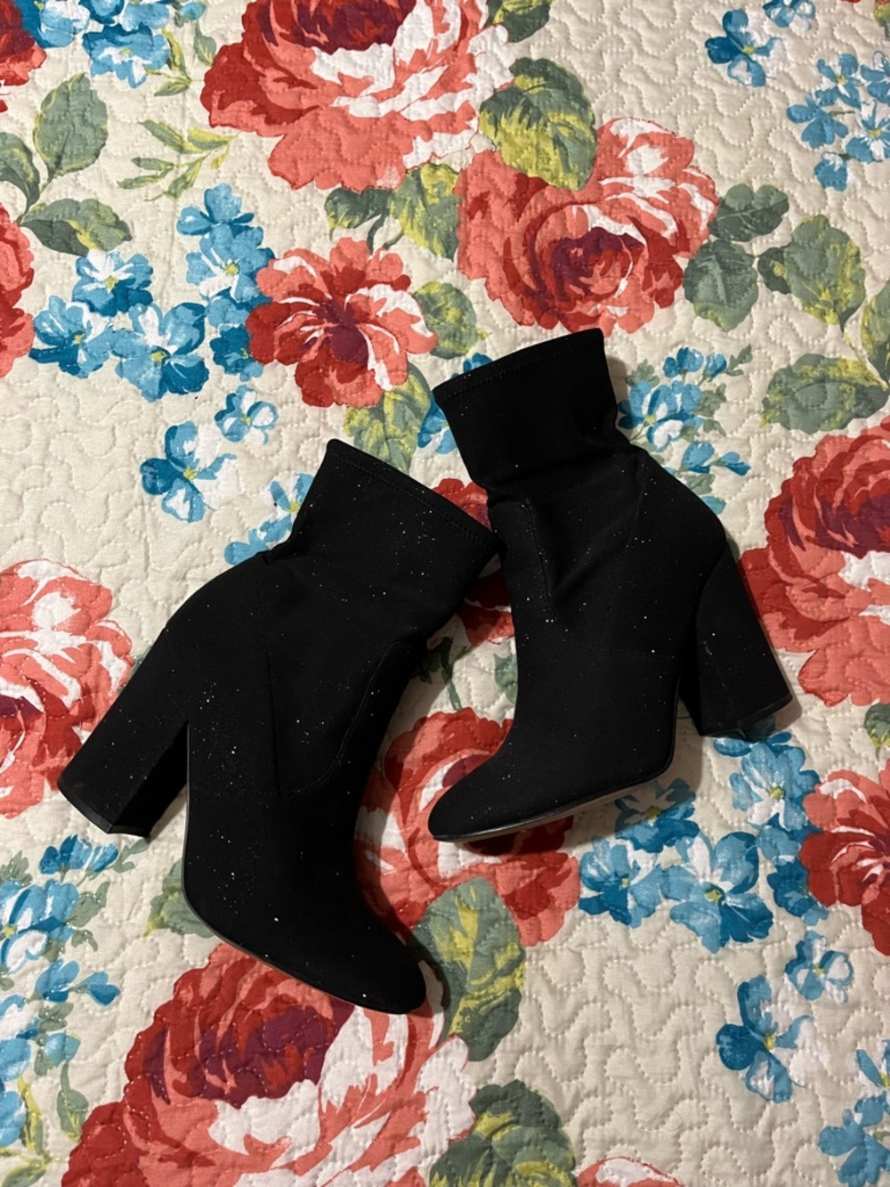 Marc Fisher Black Glitter Sock Booties with Block Heel